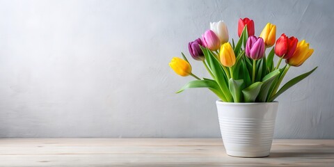 Colorful Potted Tulip Flower in a White Ceramic Pot , floral gifts, mother's day gift