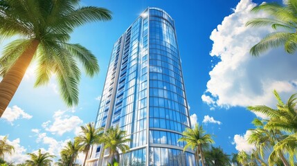 A modern high-rise with large glass windows reflecting blue skies and clouds, framed by palm trees for a tropical vibe