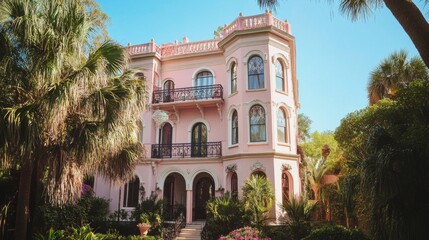 Obraz premium A pale pink three-story home with wrought iron balconies, cascading plants, and gardens, set against a clear blue sky