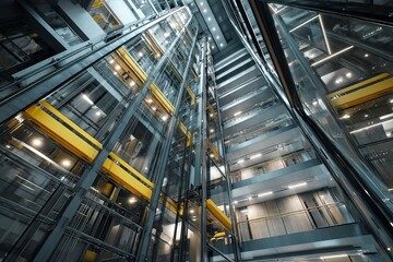 Aerial View of Modern Glass Elevators in Stylish Office Building with Metallic Framework and Bright Interior Design Elements