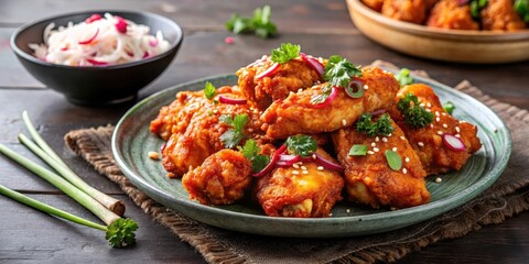 A plate of spicy Korean fried chicken with a side of pickled radish and kimchi, Korean BBQ, crispy exterior