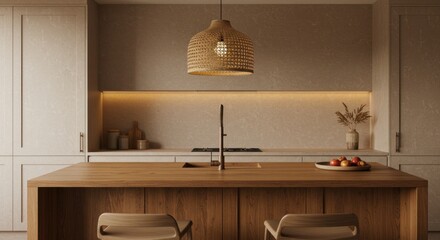 Modern Minimalist Kitchen Interior Design with Wood Island