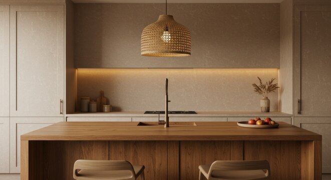 Modern Minimalist Kitchen Interior Design with Wood Island
