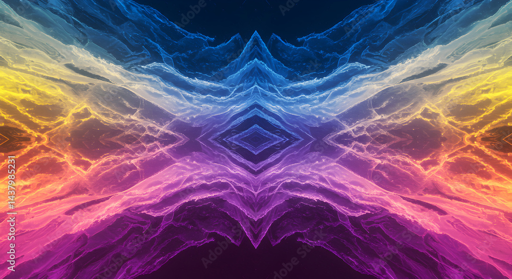Poster symmetrical spectral aurora fractal design with vibrant colors and abstract texture