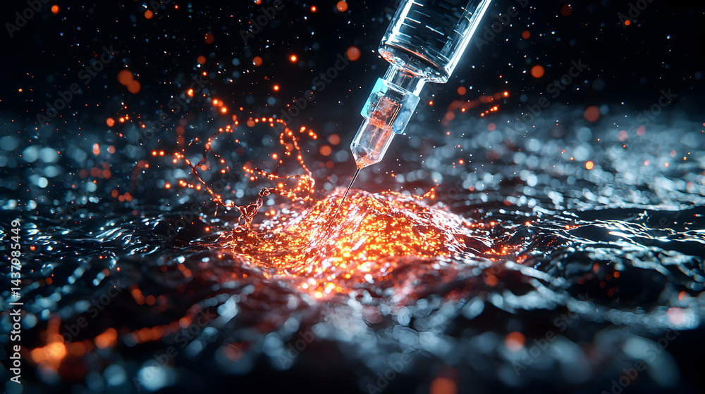 Poster a futuristic view of medical science representing a syringe injecting liquid with light effects. goo