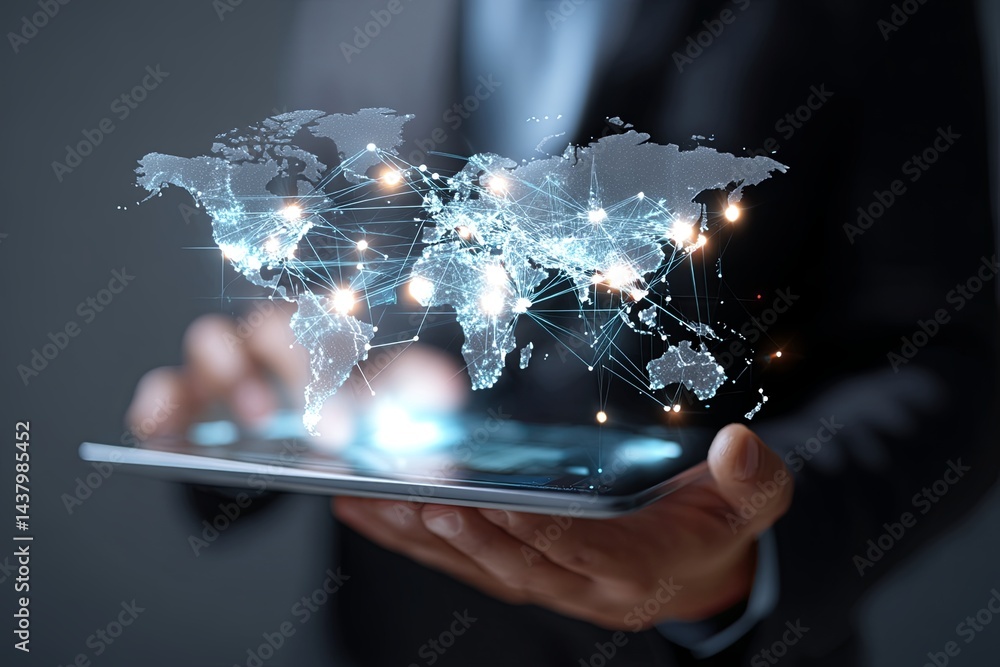 Poster businessman holding digital tablet with global connections and data visualization rendered in futuri