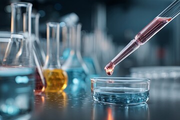 Laboratory Experiment with Pipette and Glassware, Scientist Conducting Research in Modern Lab with Focus on Precision and Accuracy in Chemistry