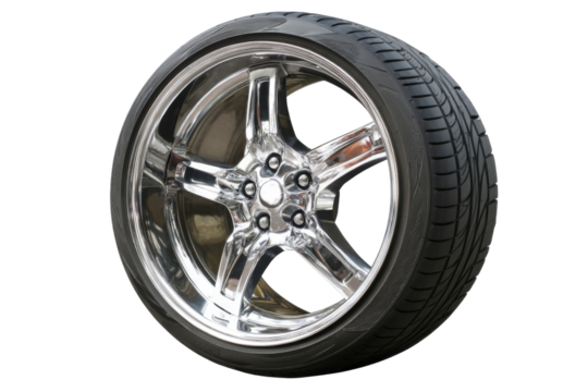 Chrome wheel and tire isolated on transparent PNG background