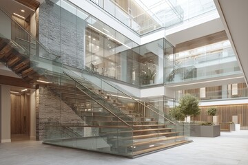 Modern interior of a bright commercial building with glass railings and open space, featuring stairs, natural light, and contemporary design elements