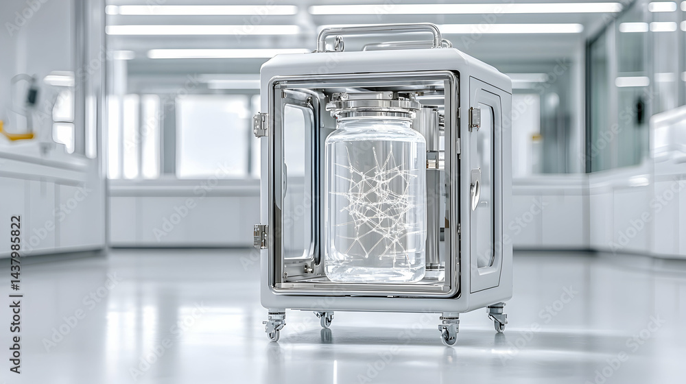 Poster a sterile lab environment showcases a jar with delicate structures housed within a mobile enclosure 
