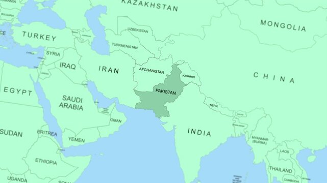Pakistan on world map animated, slow movement, 4K.
