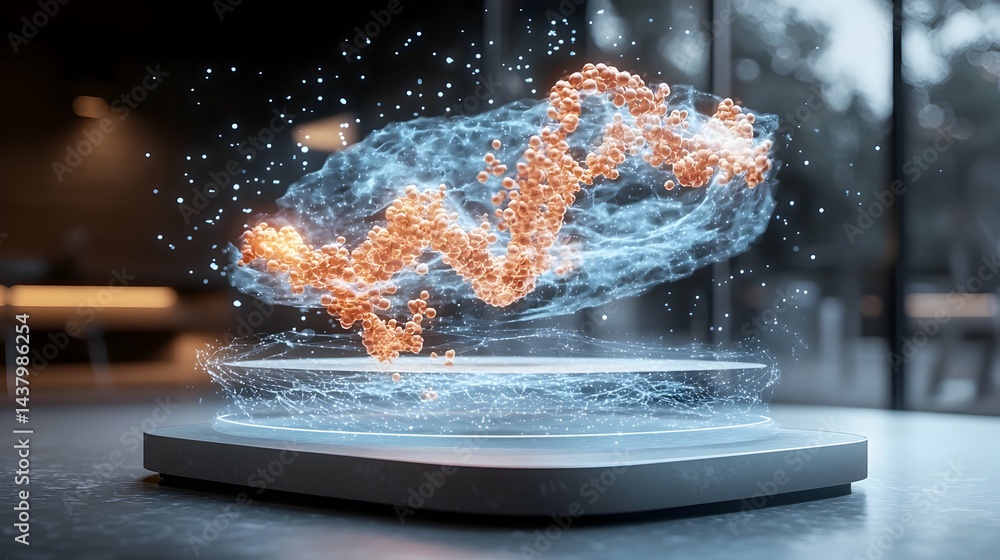 Poster a futuristic display showcases a complex digital model. ideal for biotech or data visualization pres