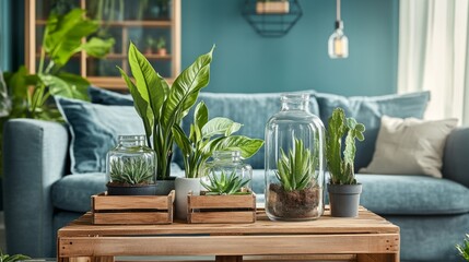 Living room's plant display with leafy greens, glass terrariums, wooden crates, and a calm teal backdrop creating a fresh atmosphere