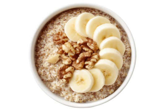Oats, banana, walnuts isolated on transparent PNG background