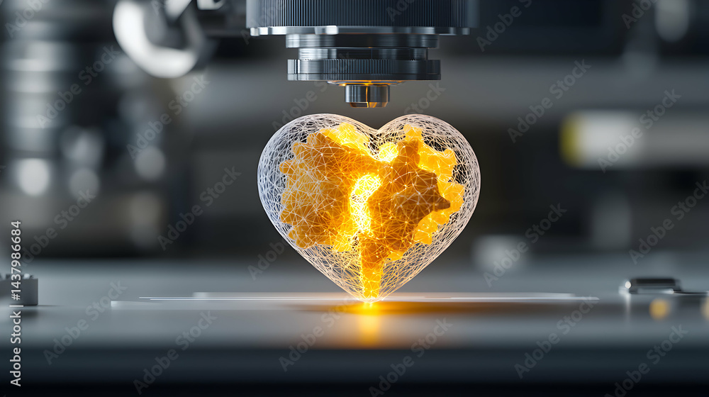 Poster an abstract image depicts a 3d-printed heart containing gears. it symbolizes technology's intersecti