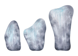 Set of grey blue stones. Pebbles for sea ocean landscape design. Watercolor and marker illustration. Rock clip art for nature scenes design. Hand drawn isolated art. Geological minerals drawing