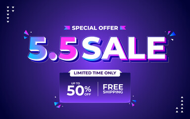 5.5 super sale promo banner with discount offer. 5.5 shopping festival super sale banner. Flash sale special offer banner for social media post or website banner. Flash sale campaign