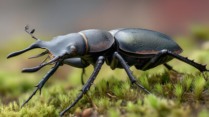 A Stag Beetle on a bed of moss, the soft green texture of the moss contrasting with the beetles dark, shiny exoskeleton. The details of the beetles legs and body are in sharp focus.