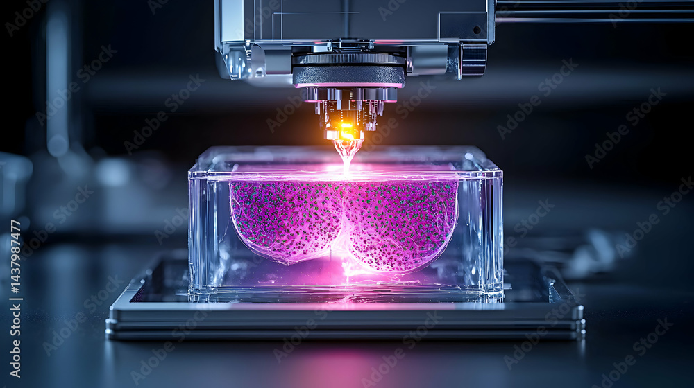 Poster a futuristic image showing 3d bioprinting of tissue. it displays a complex process and scientific ad