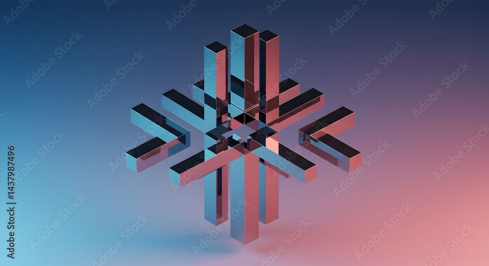 Poster abstract geometric composition of shiny metal shapes on gradient background