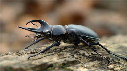 A Stag Beetle on a tree stump, its large antlers prominently visible. The sunlight highlights the rich black color of its body, while the trees texture is softly blurred in the background.