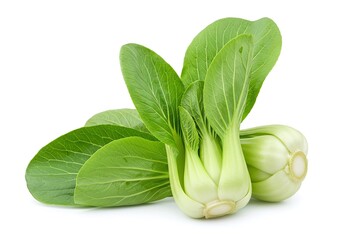 Fresh bok choy vegetables, with green leaves, arranged isolated on white background