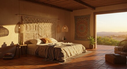 Rustic Bedroom with Sunrise View and Boho Decor