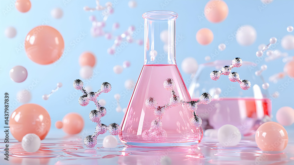 Poster a visually appealing image of a pink liquid in a flask with molecular structures and spheres suggest