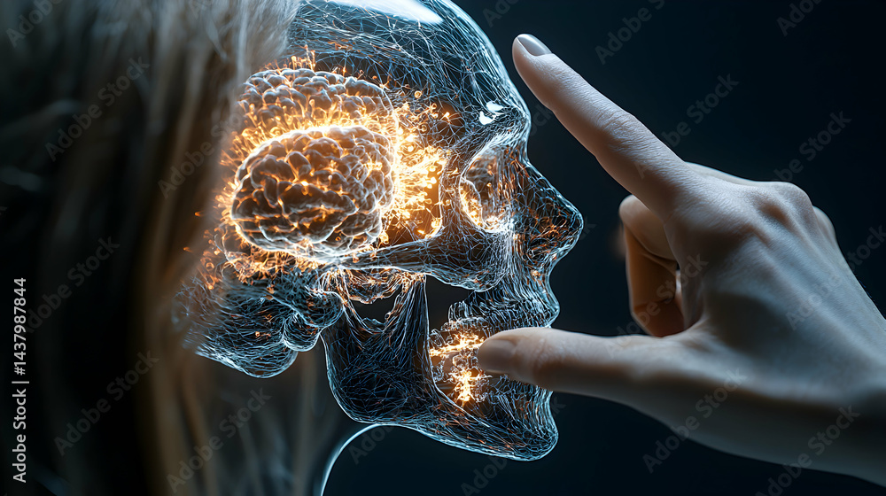 Poster a conceptual image of a skull and brain with energy patterns. suggests brain activity or scientific 