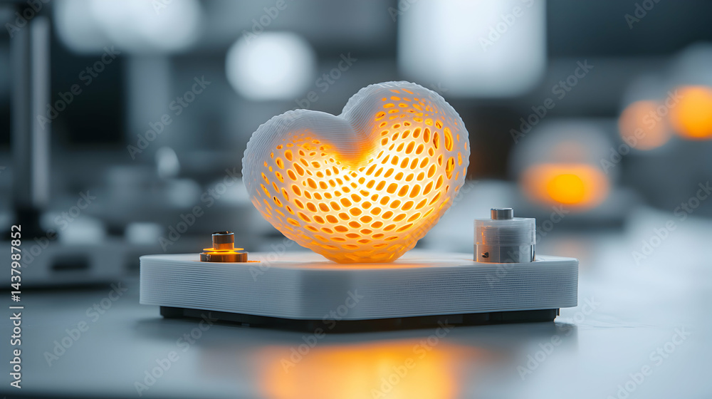 Poster a glowing heart shaped light on a base. possibly 3d printed. great for romantic settings or adding a