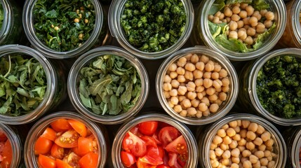 Top view of assorted salad jars filled with greens, chickpeas, and tomatoes
