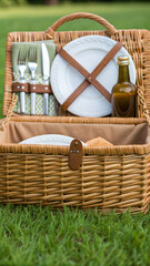 Picnic basket filled with plates, cutlery, and bottle of oil, perfect for outdoor dining. Enjoy delightful meal in nature