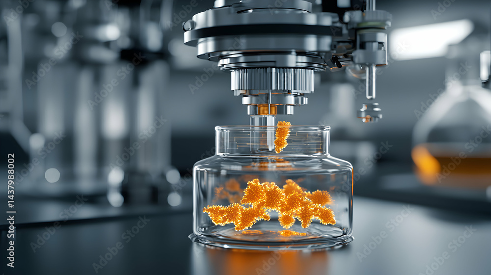 Poster a close-up of a laboratory setup. an automated system dispenses an orange substance into a clear gla