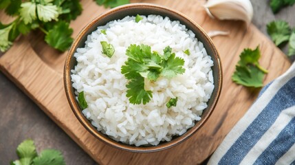 Top view of a vibrant soup bowl with jasmine rice and cilantro garnish