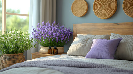 Bedside table with essential oils and lavender promotes better sleep and wellness