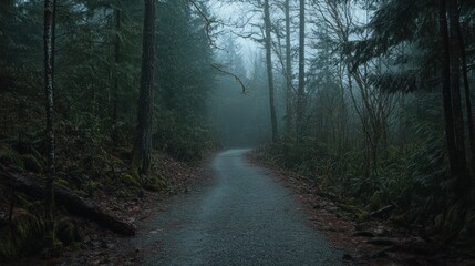 Naklejka premium Misty Forest Road: A Serene Journey Through Evergreen Woods