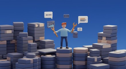 Cartoon character fixing data servers with communication icons.