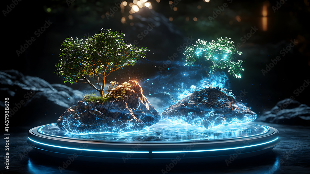 Poster mystical trees floating on pedestals emitting energy. perfect for fantasy art backgrounds or concept