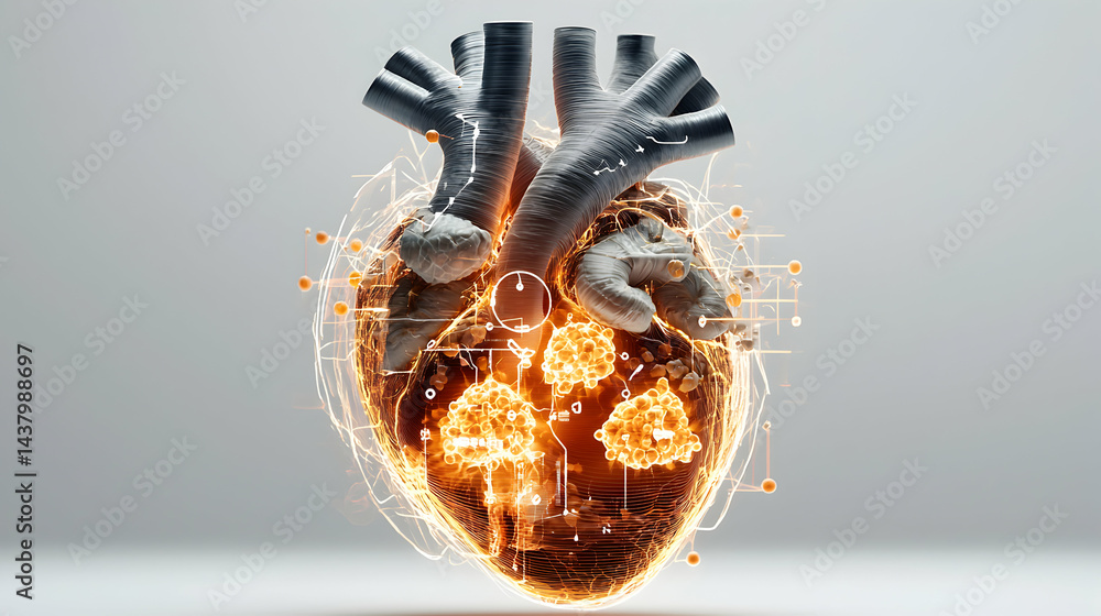 Poster a digital rendering of a glowing heart highlighting potential issues. useful for educational resourc