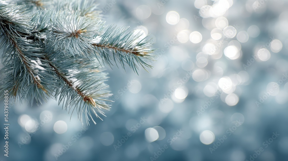 Poster frosted pine branches are adorned with delicate snow, sparkling softly in the winter light creating 