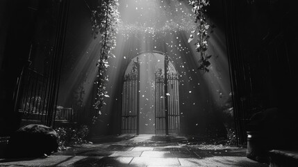 Obraz premium Mystical god rays with falling particles and moving sunlight create a magical fantasy atmosphere, featuring vintage shining effects and a dreamy entrance to heaven or opening paradise gates background