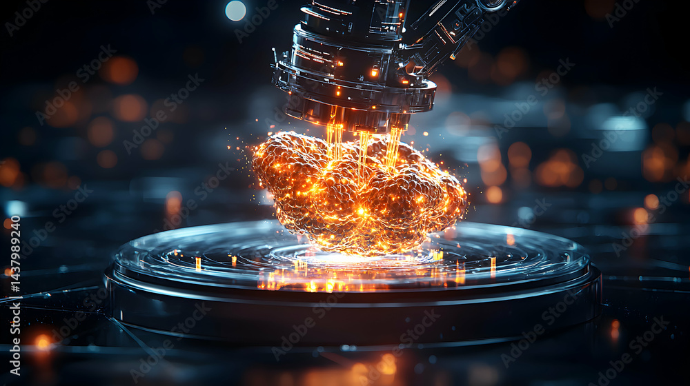 Poster a futuristic scene depicts a glowing energy source or structure being manipulated by advanced machin