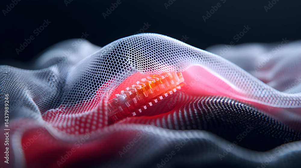 Poster a close-up image of a red and white object is enveloped in a mesh fabric. the image uses high-end ph