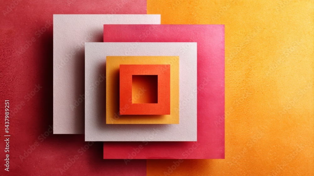 Poster Layered geometric paper cutouts form a maze-like composition in vibrant orange and pink, creating dynamic shadows against a striking background with copy space