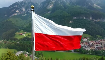 Polish flag waves over picturesque mountain village surrounded by lush greenery in Poland