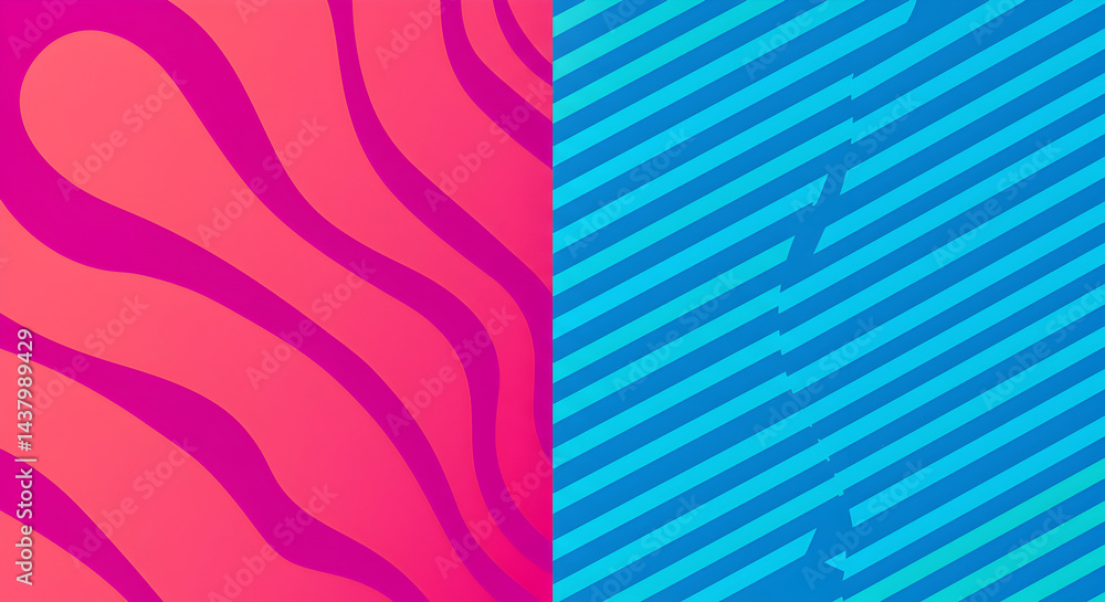 Poster contrasting geometric design with wave patterns and diagonal stripes backdrop