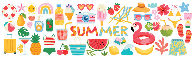 Summer  graphic elements set. Collection of Hand drawn summer food, drinks, fruits and other elements for your design. Vector illustration. 