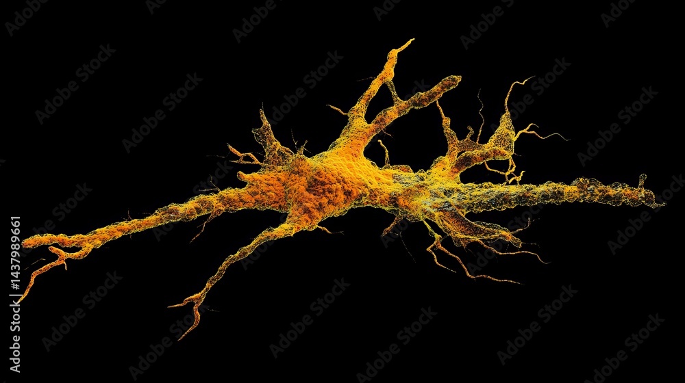 Poster 3d rendered neuron cell network with glowing synapses and electrical pulses on black background. con