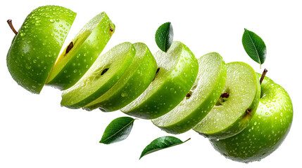 Sliced green apple with leaves floating on a white background.