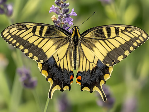 A Swallowtail butterfly gently resting on a lavender stem, with intricate details of its yellow and black wings in sharp focus, against a blurred background of green leaves. - Powered by Adobe